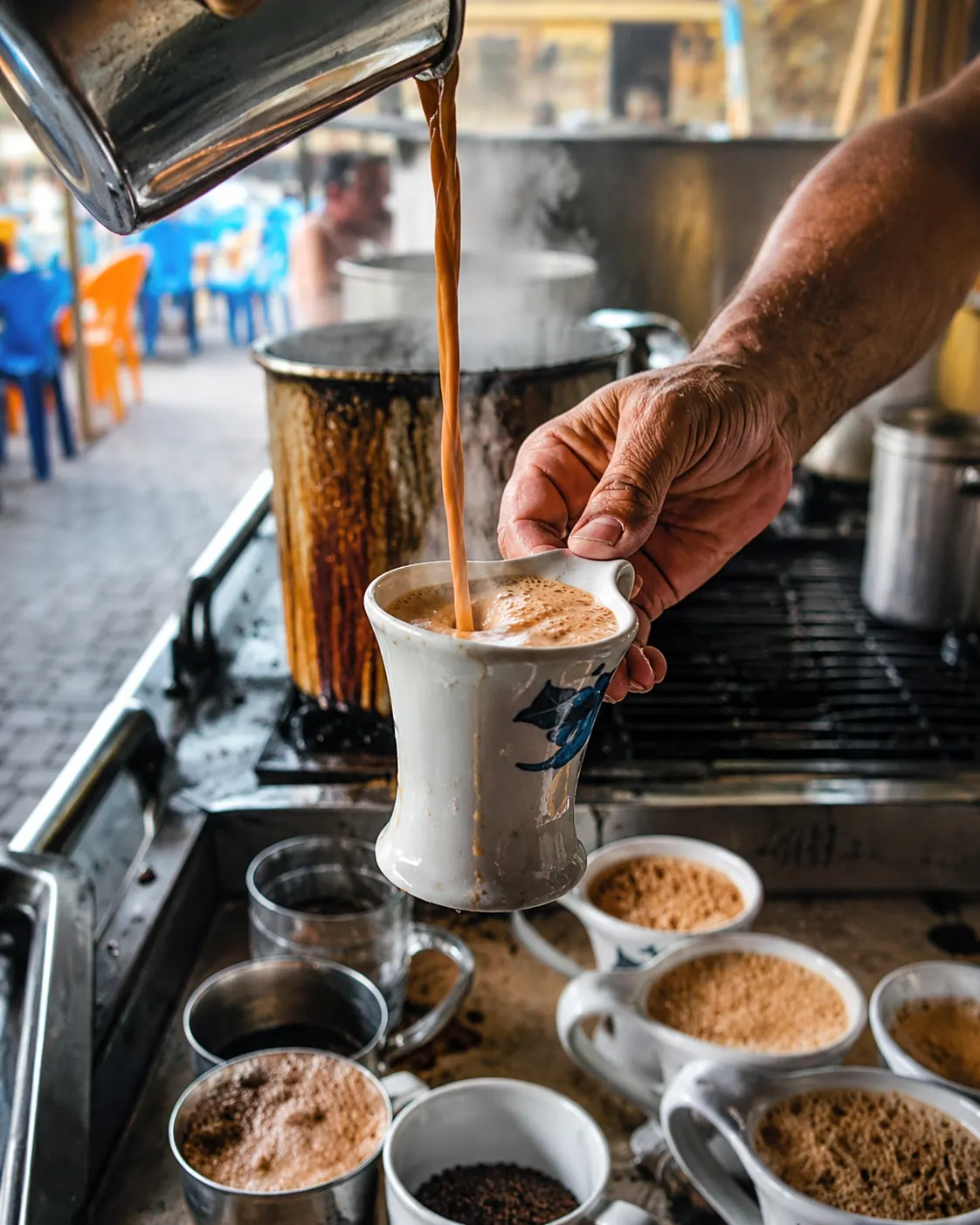 Karak chai being poured at a Pakistani chai hotel