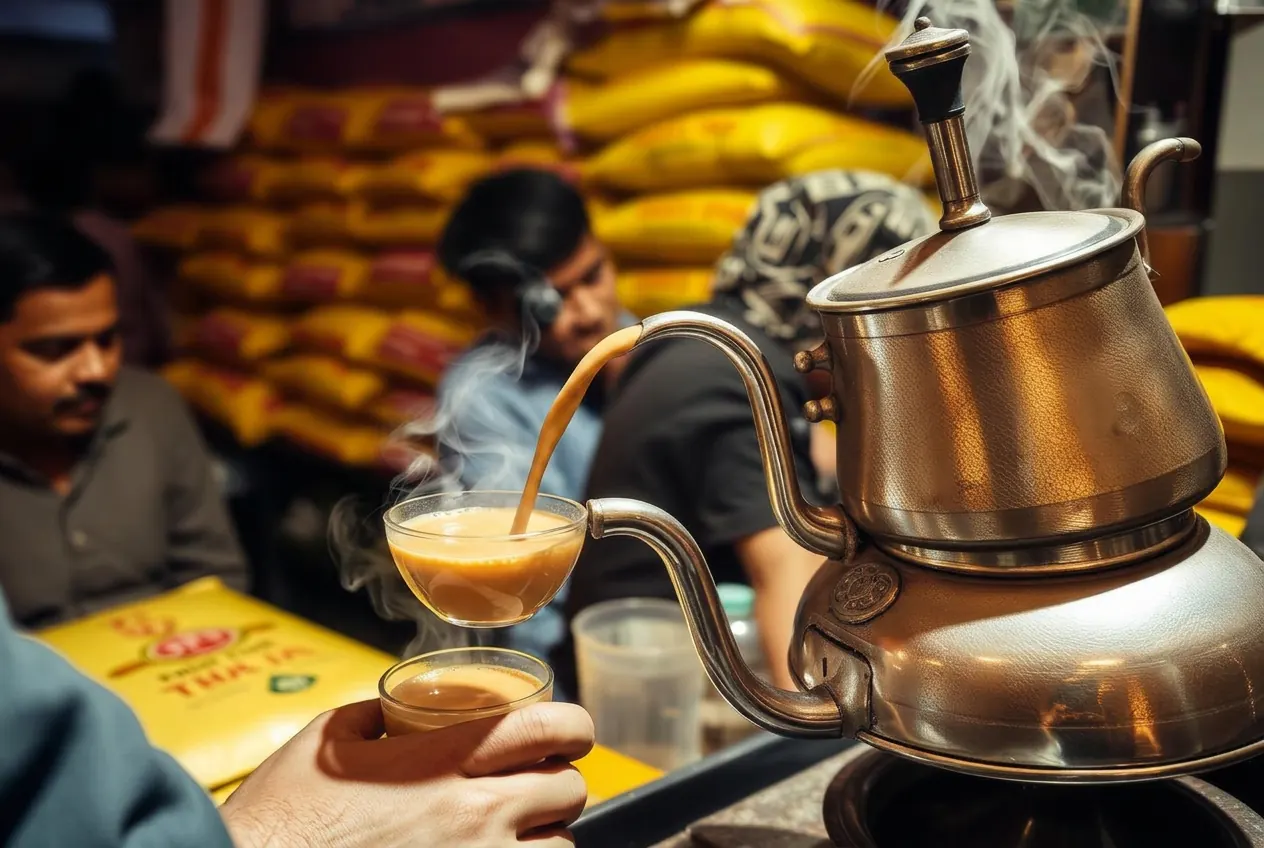 Pathan chai hotel kettle pouring karak chai