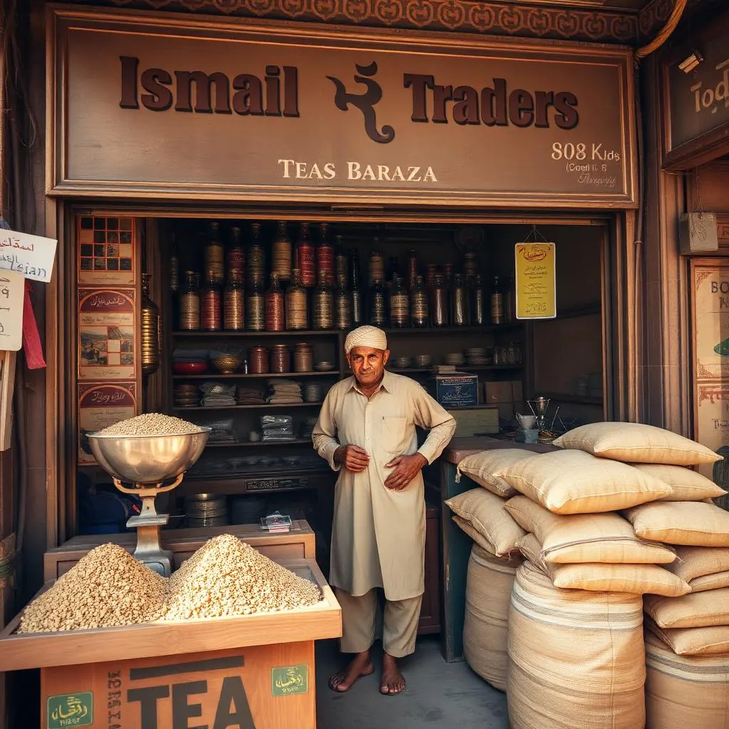 Ismail Traders tea shopfront in Jodia Bazar, Karachi
