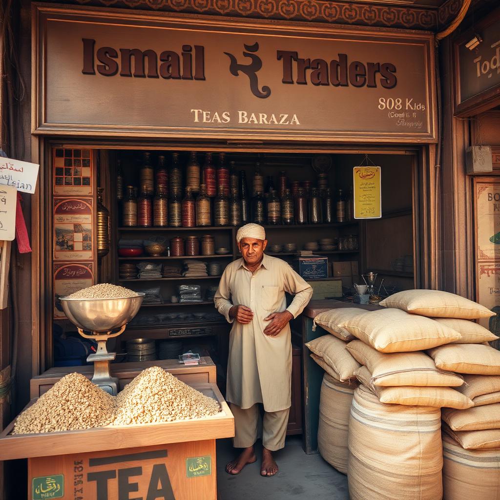 Ismail Traders tea shopfront in Jodia Bazar, Karachi